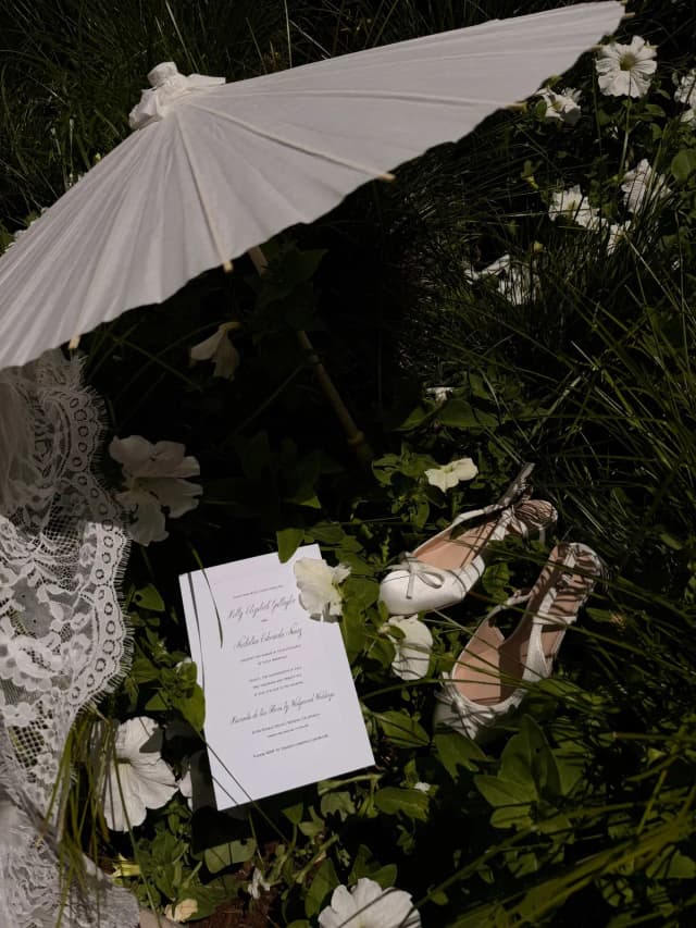 Wedding details arranged on a table